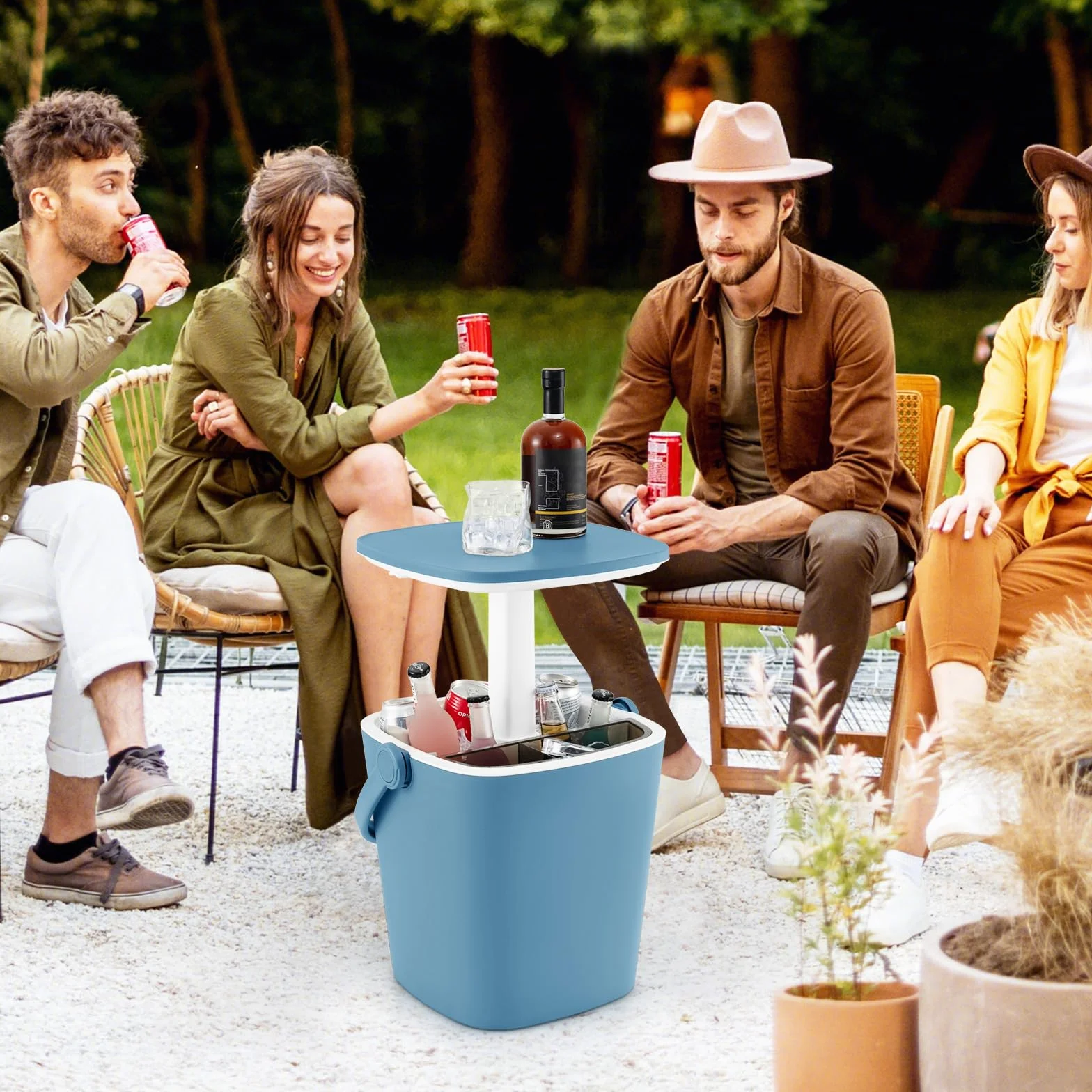 GOPLUS Mesa Nevera Jardín 15 L, Mesa de Cóctel Portátil con Abridor de Botellas y Tapa Elevable, Cool Bar para Picnic Fiesta Camping Patio Terraza Jardin (Azul)