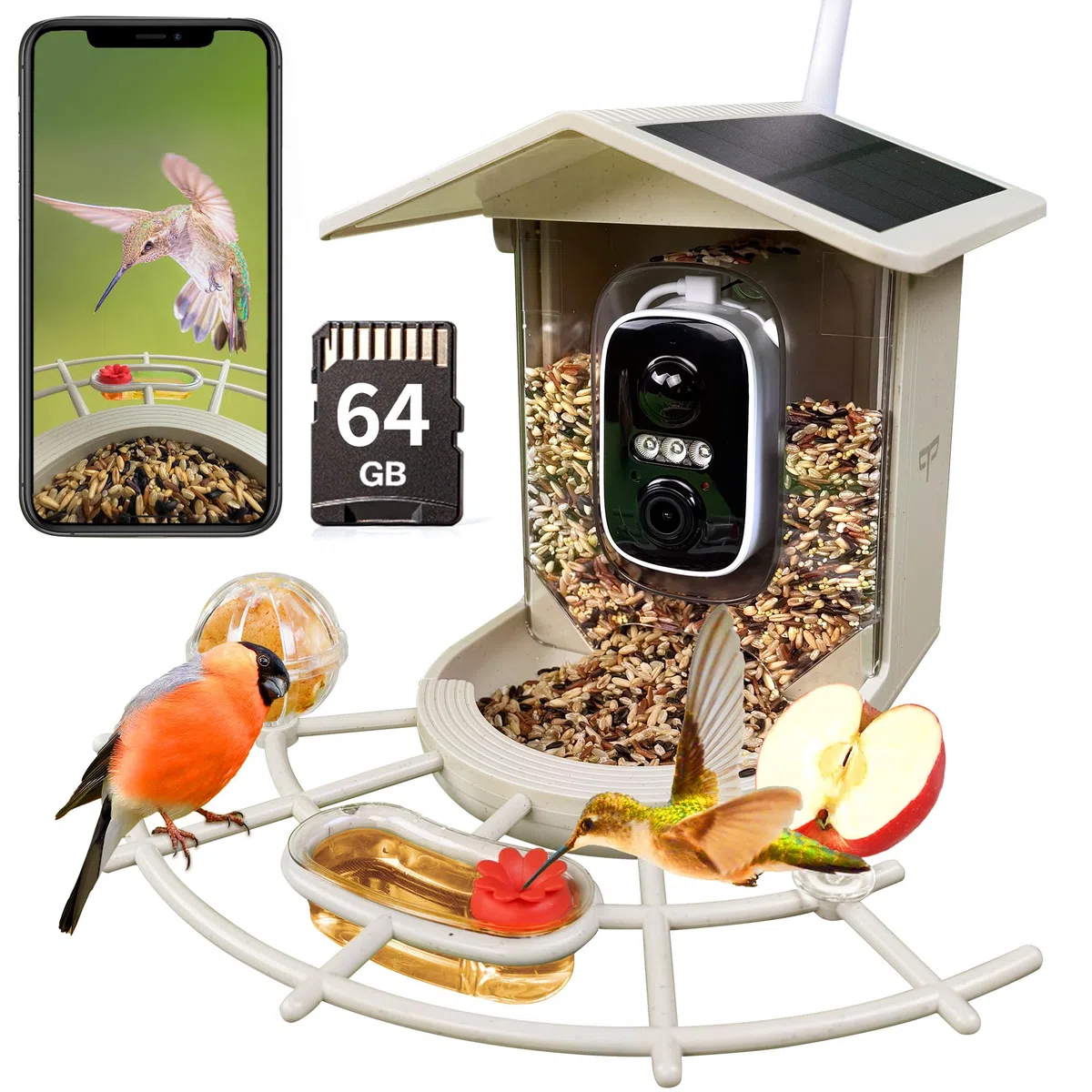 Origem Comedero Pajaros Exterior Paja de Trigo,1,7 L Solar Comedero Pajaros Camara,Prima SD de 64 GB,Impermeable IP65, Visión Nocturna 2K HD, AI Identifica 10000+ Pájaros, Notificación Instantánea