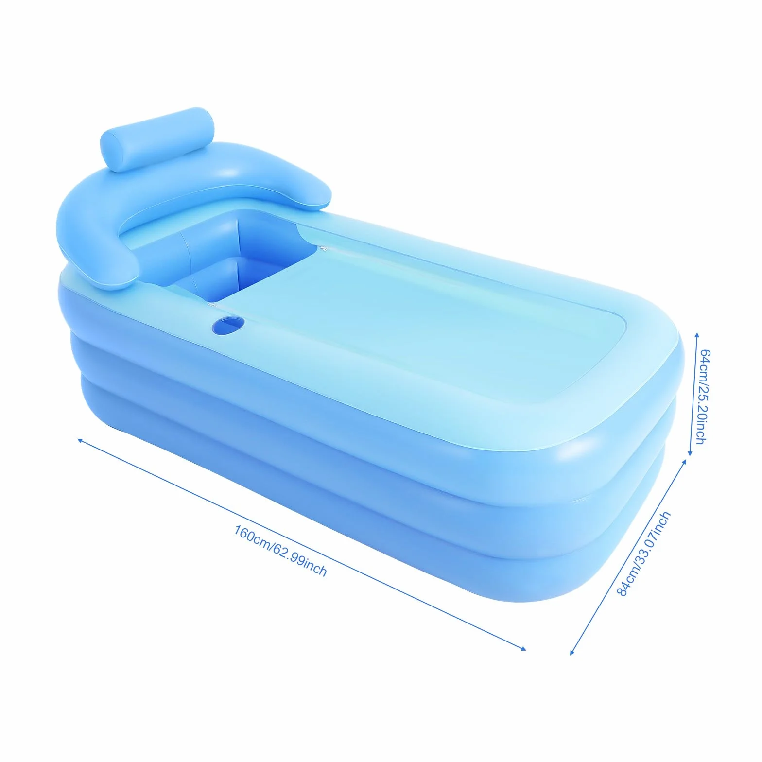 Bañera móvil para adultos, PVC plegable, bañera inflable, 160 x 84 x 64 cm, fondo de burbujas grueso, bañera de spa con tapa de cremallera para el hogar, camping y viajes, azul
