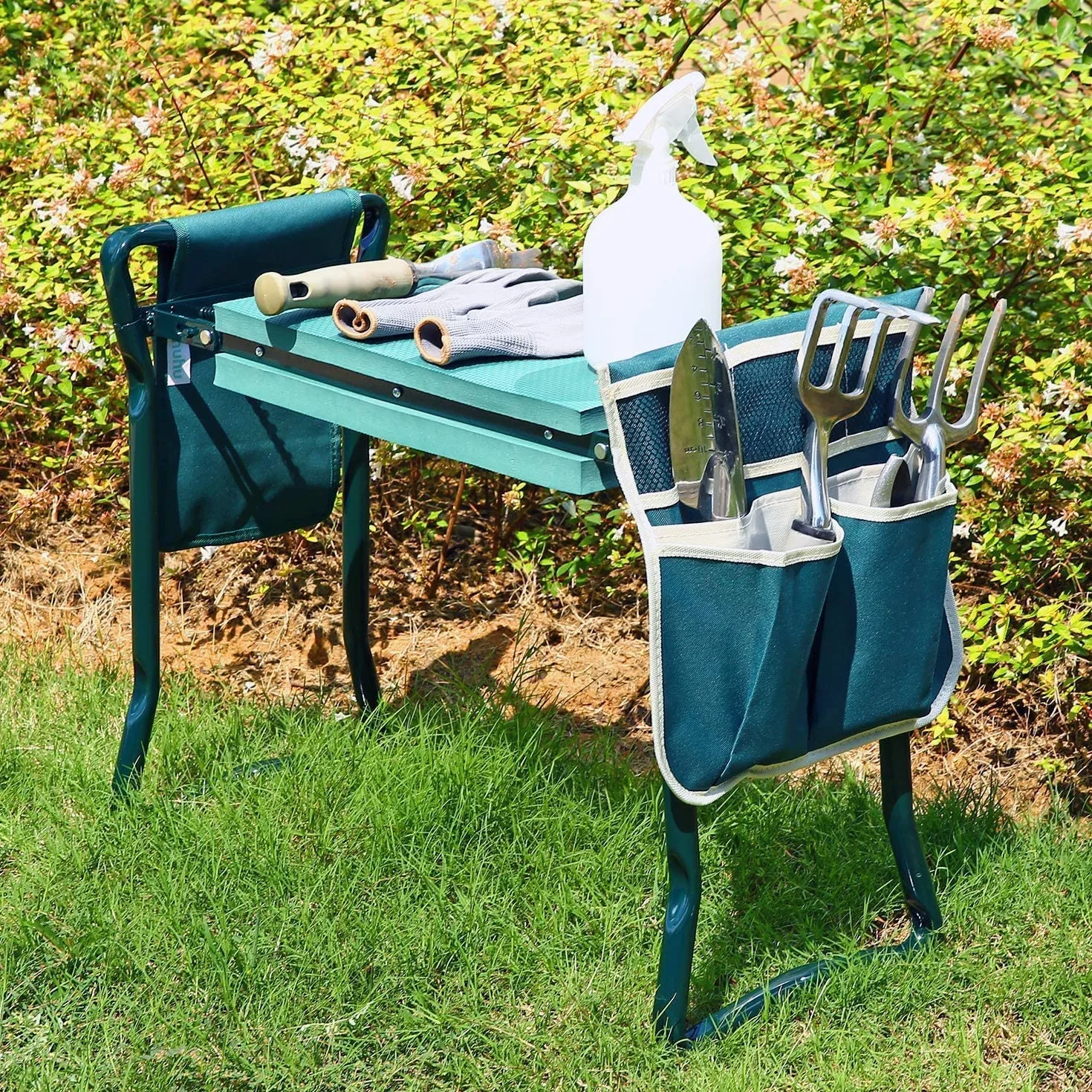 Ohuhu - Taburete de jardín resistente con almohadilla de espuma EVA, banco de jardinería plegable con 2 bolsas para herramientas, suministros de jardinería portátiles 2 en 1, regalo ideal para mujeres