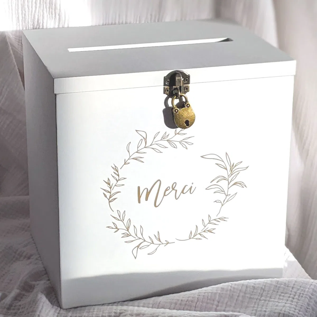 Gran urna de madera blanca gracias con candado | 25 x 25 x 20 cm | Urna boda, PACS, cumpleaños, Baby-Shower, Bapteme, comunión, retiro (...) - Regalos invitados boda
