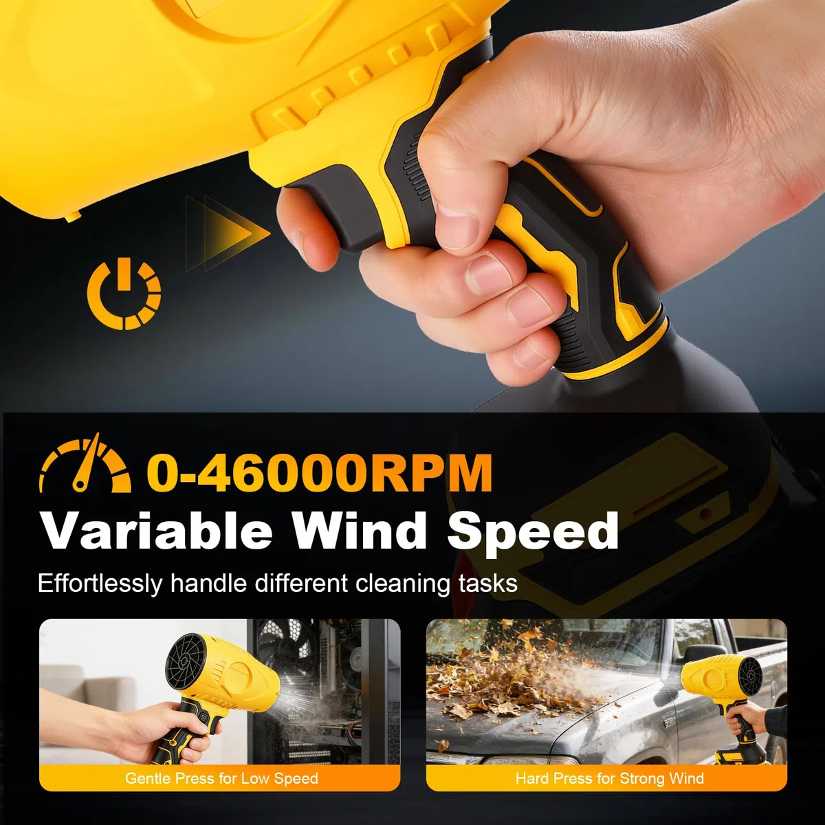 Soplador de Hojas con 2 Baterías 4.5Ah, Turbo Soplador Bateria 46000 RPM, para Jardín, Césped, Patio, Coche, Eliminación de Nieve y Polvo