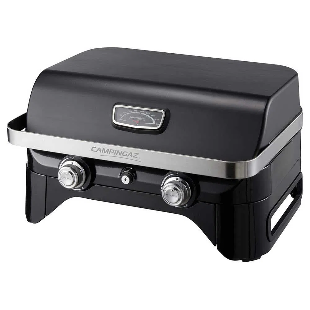 CAMPINGAZ Attitude 2100 LX Barbacoa de gas, barbacoa de mesa portátil con 2 quemadores de acero, 5 kW de potencia, para camping con tapa, termómetro y parrilla de hierro fundido, 2000038741