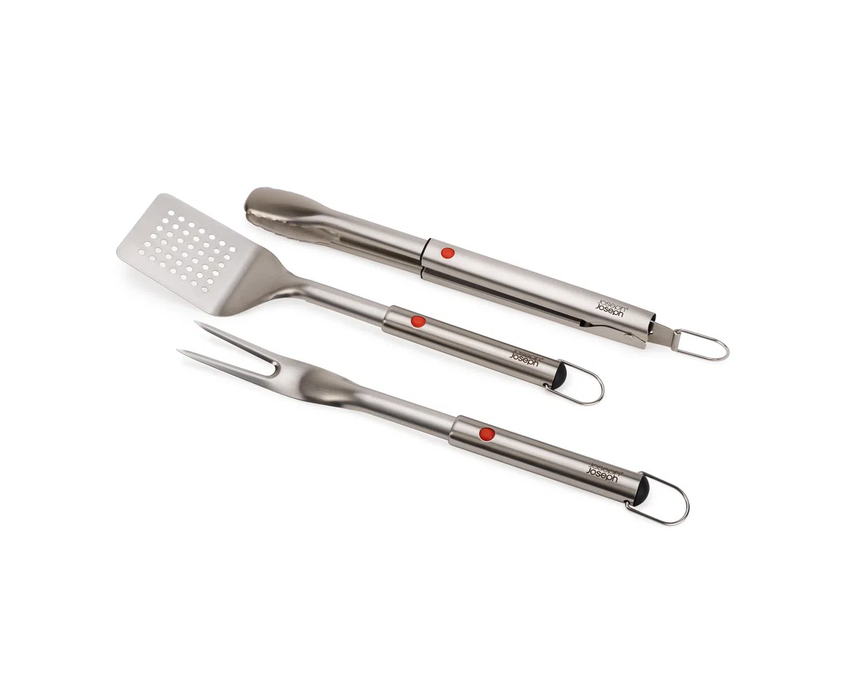 Joseph Joseph GrillOut Set de Utensilios para Barbacoa en Acero Inoxidable, 3 Piezas Pinzas, Espátula y Tenedor, Mango Retráctil