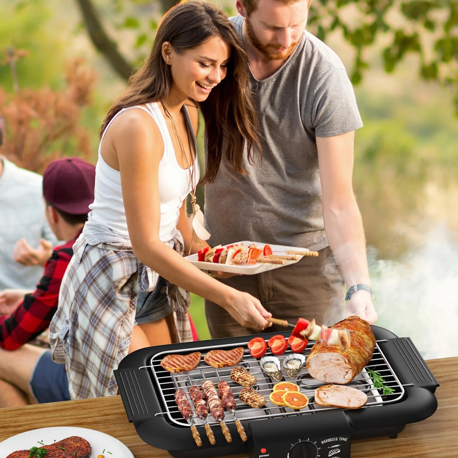 Parrilla eléctrica para barbacoa, antiadherente y sin humo, para interiores y exteriores, 2000 W, doble tubo, alta potencia, portátil, con soporte extraíble para barbacoas (negro)