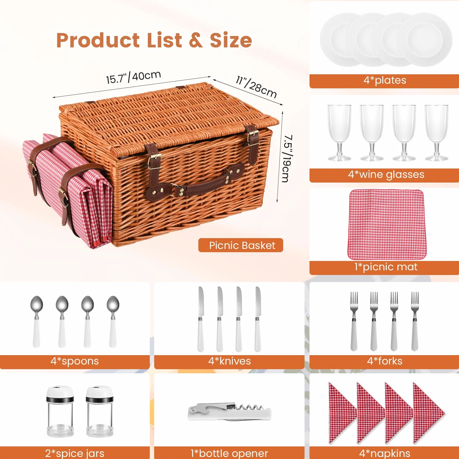 Cesta Picnic 4 Personas, Set de Picnic de Mimbre con Bolsa Aislante, Manta de Picnic Impermeable y Juego de Cubiertos, Cesta de Picnic para Camping, Rosa