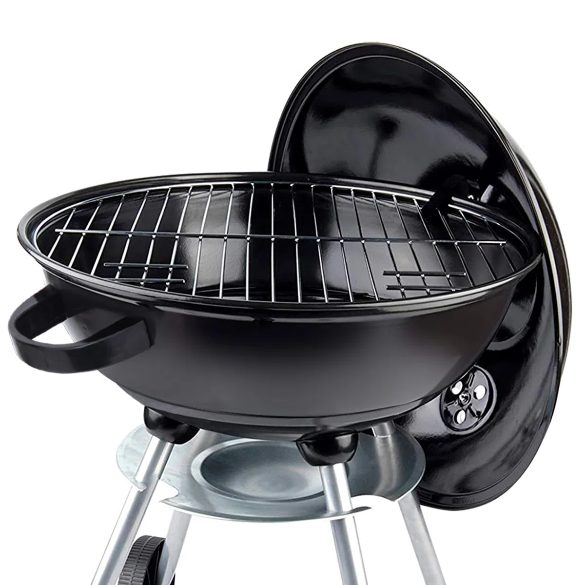AKTIVE Barbacoa carbón portátil redonda 46x89 cm con tapa y rejilla de ventilación Doble parrilla con rejilla de ventilación 2 ruedas incorporadas para fácil transporte