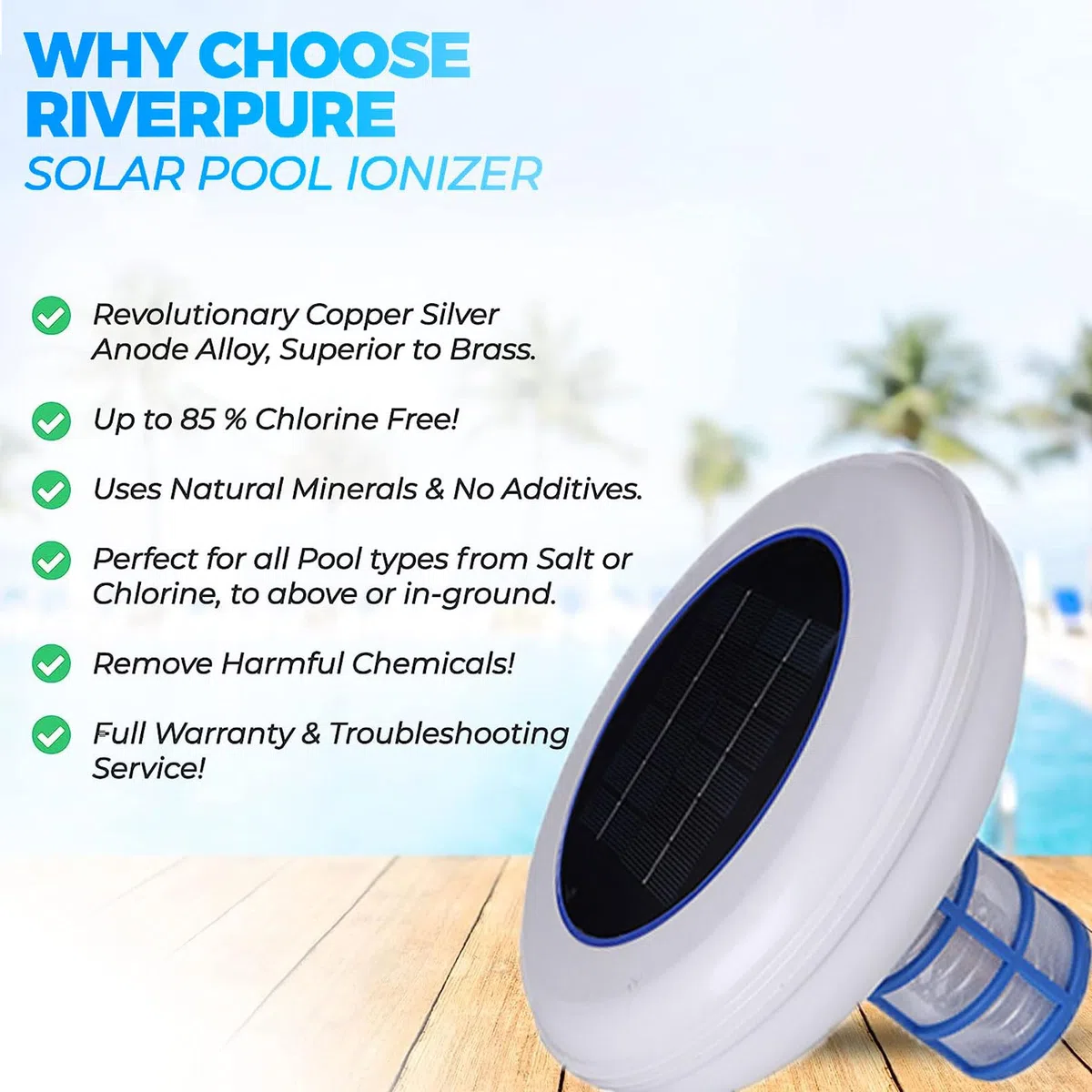 ionizador Solar para Piscinas ánodo de Cobre 85% Menos Cloro Purificador de Agua Limpiador automático de Piscinas hasta 45000 galones Elimina Algas Mantiene la Piscina más Limpia 2 Cobre