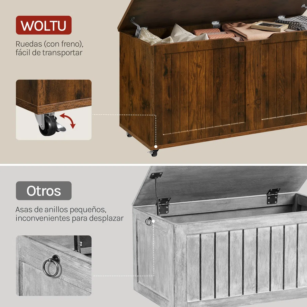 WOLTU Taburete Almacenaje con Ruedas, Baúl Puff Almacenamiento, Otomano Reposapiés Rectangular 100x40x50,5 cm, para Salón, Dormitorio y Entrada, Marrón Rústico