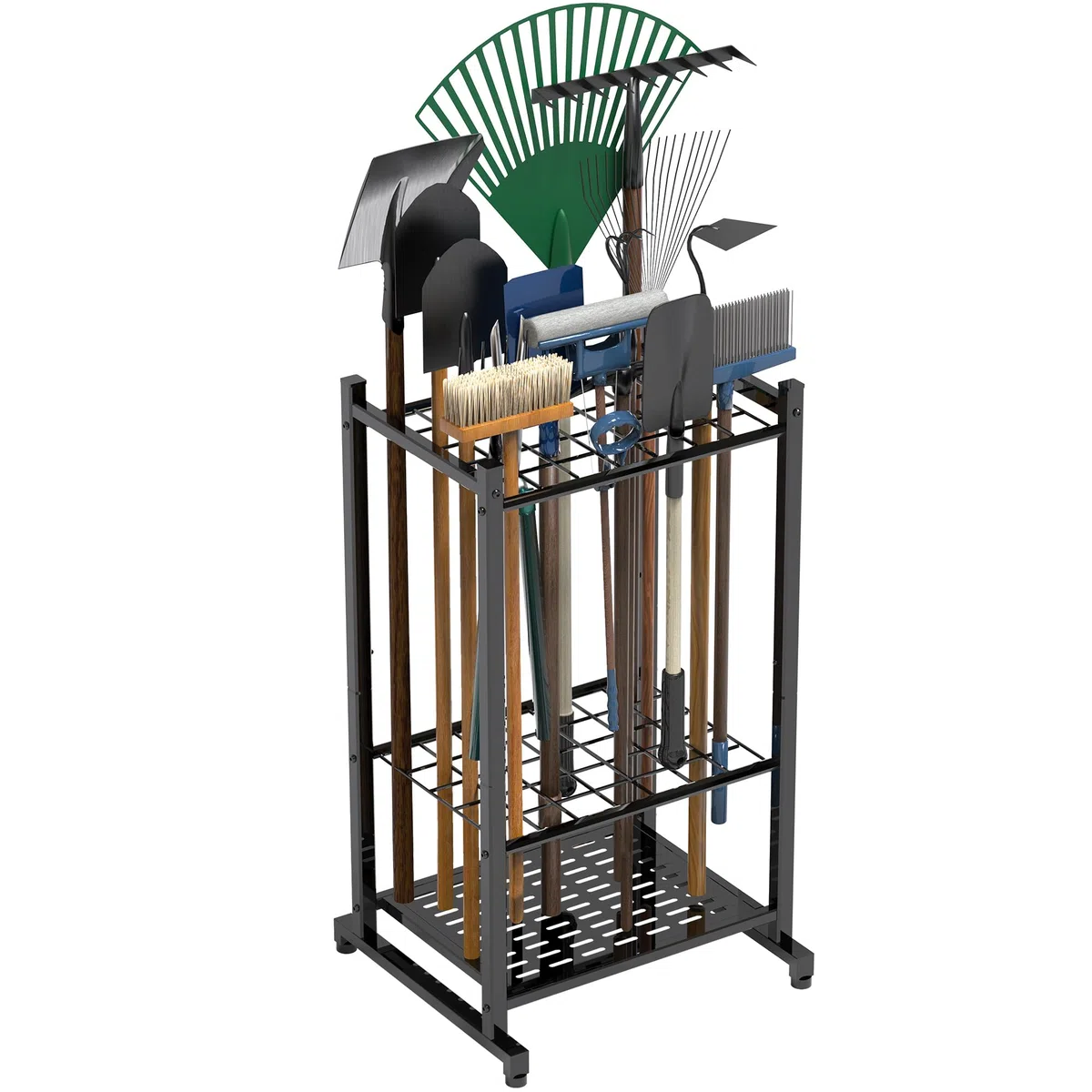 Organizador de herramientas de jardín, estante de torre de herramientas de patio para organización y almacenamiento de garaje, hasta 35 herramientas/rastrillos/escobas, soporte de acero resistente