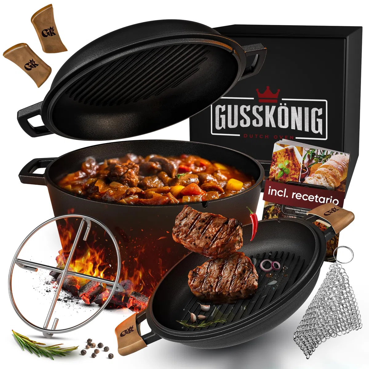 GUSSKÖNIG cocotte hierro fundido – Cocotte pre-curada de 4,8L y sartén de 1,8L. Set 2-en-1 con doble función para estofar, incluye recetario y accesorios para BBQ, camping y cocina