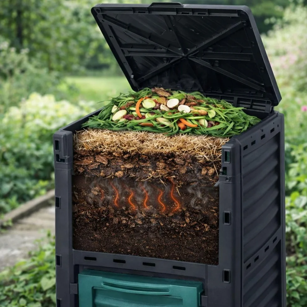 TERRE JARDIN - Compostador de Jardín, 300 L - Contenedor de Compost, 83 x 61 x 61 cm, de Polipropileno Contenedor Compostador de Residuos de Jardín, Resistente a Golpes y a los UV
