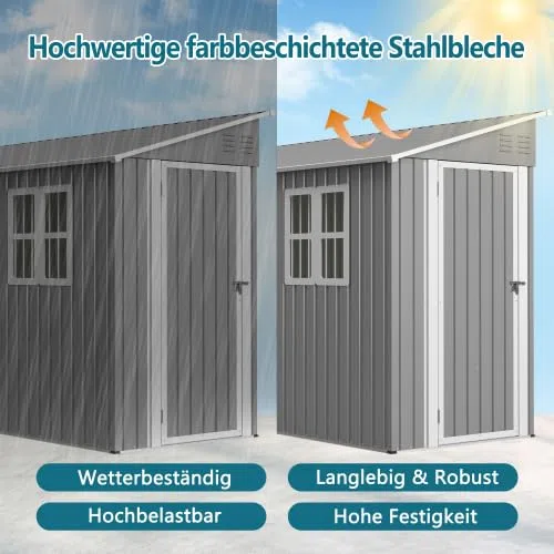 Cobertizo de metal de 4 x 10 pies con kit de suelo, cobertizo de jardín resistente con techo reprimido, puerta doble (se puede montar a la izquierda/derecha), 2 ventanas y ventilación, cobertizo