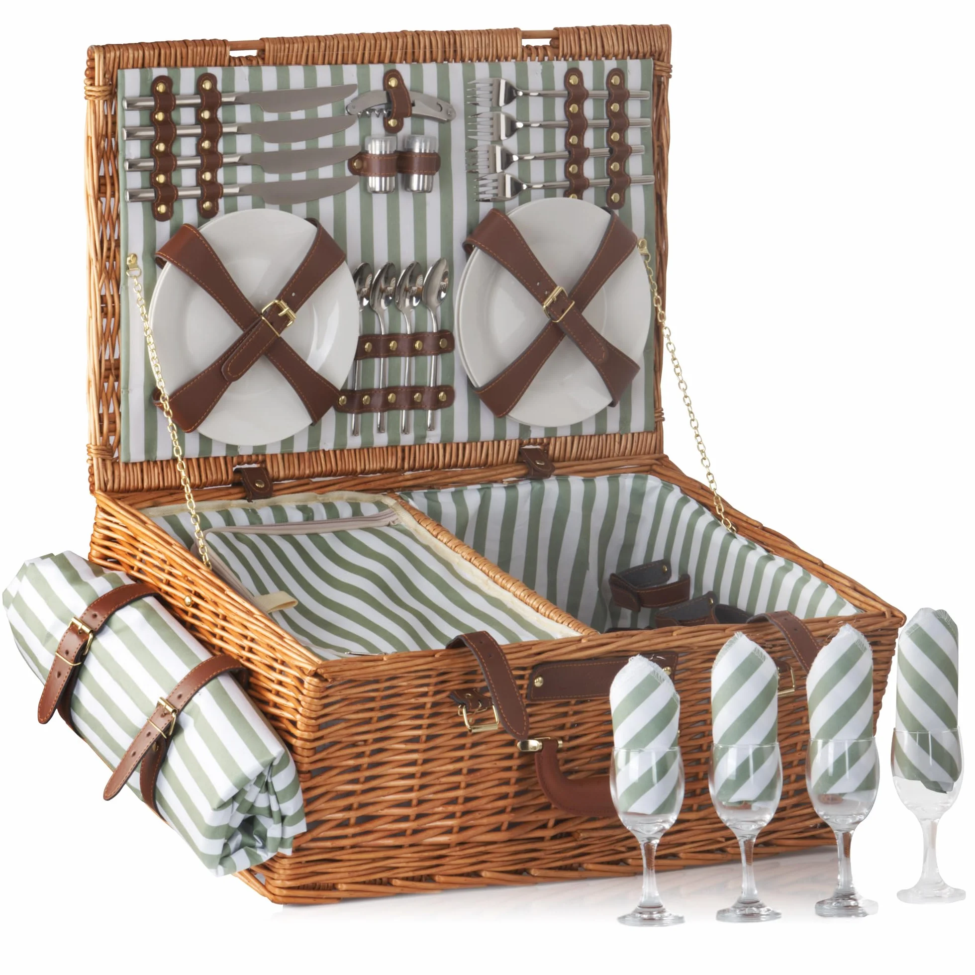 CampFeuer Cesta de Mimbre para Picnic con Correas de Polipiel | 4 Personas | 29 Piezas | Set de Picnic con Platos de Cerámica, Cubiertos, Copas, Manta de Picnic y Mucho Más