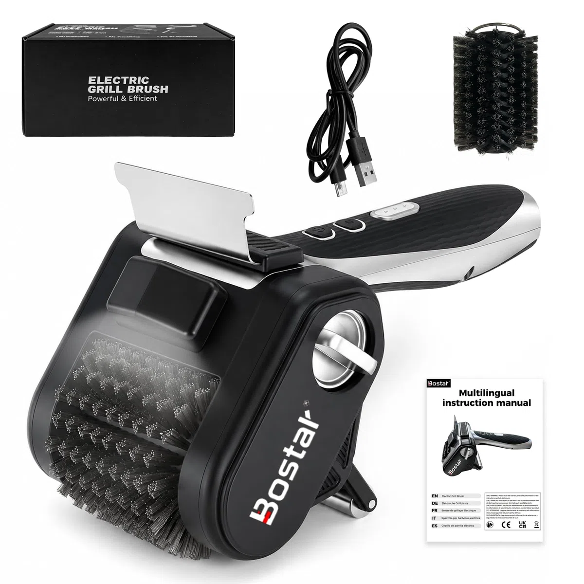 Bostar Cepillo Barbacoa Eléctrico Inalámbrico - 4000mAh Limpiador de Parrillas con Raspador de INOX y Luz LED, 450 RPM Potente para Gas y Carbón, Incluye 1 Rodillo de Repuesto