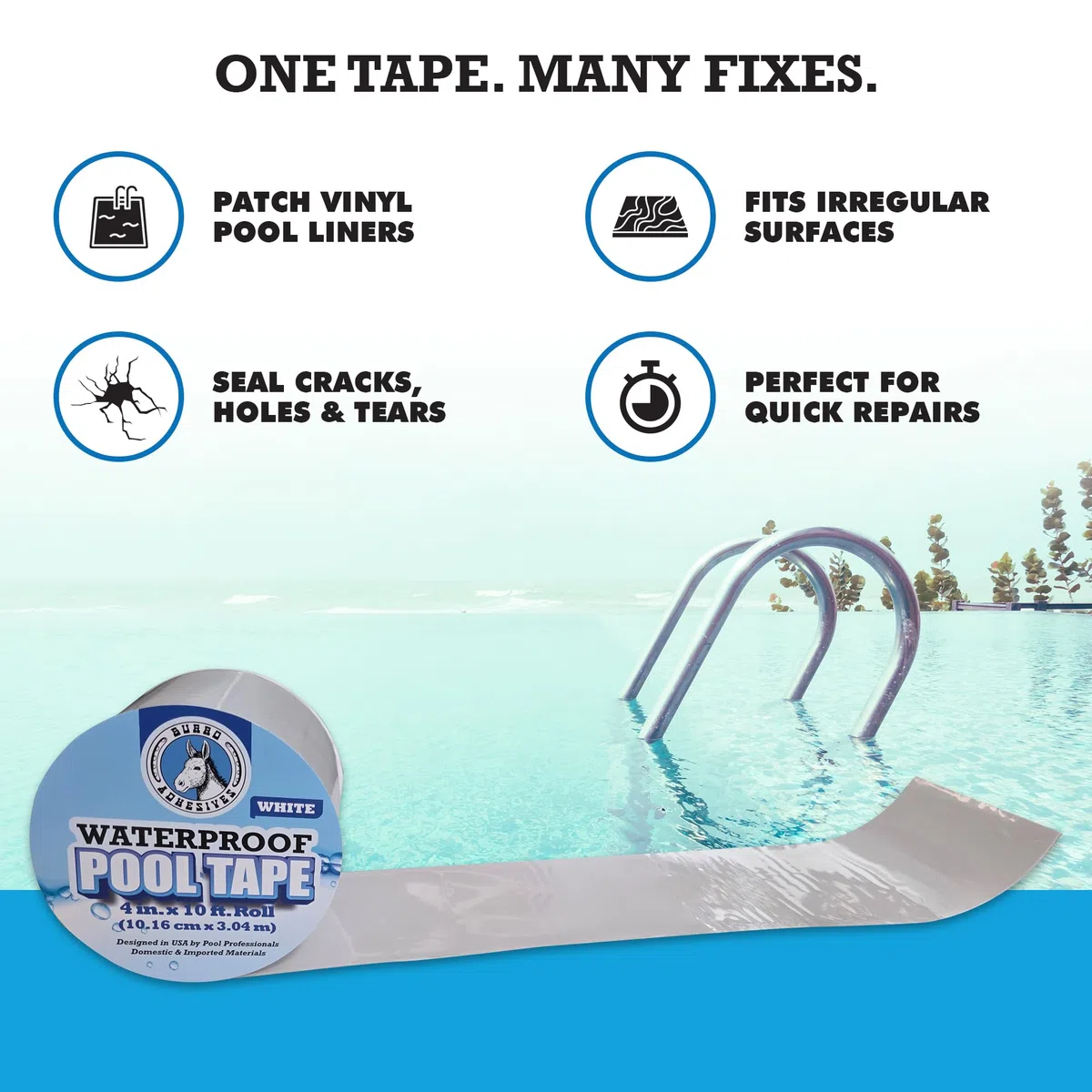 Burro Adhesives - Cinta impermeable blanca para piscina, 4 x 10 pies, vinilo de PVC resistente para reparación de piscinas subacuáticas y secas, piscinas comerciales y residenciales, sella