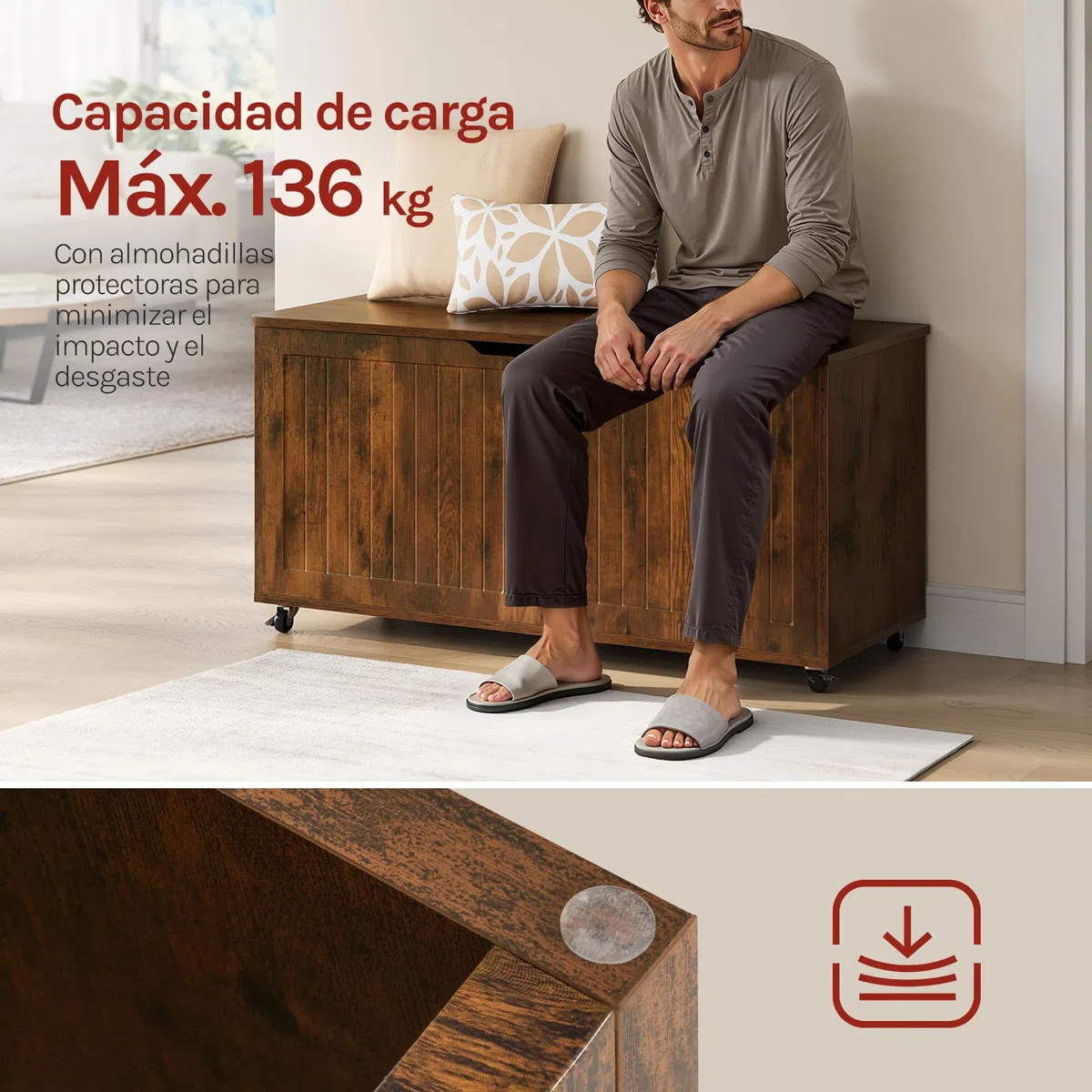 WOLTU Taburete Almacenaje con Ruedas, Baúl Puff Almacenamiento, Otomano Reposapiés Rectangular 100x40x50,5 cm, para Salón, Dormitorio y Entrada, Marrón Rústico