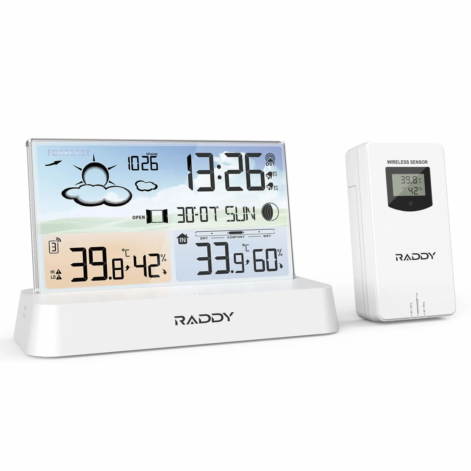 Raddy DT6 Estación meteorológica para interiores y exteriores, reloj de radio DCF, termómetro higrómetro para, estación meteorológica para el hogar con pronóstico del tiempo y barómetro