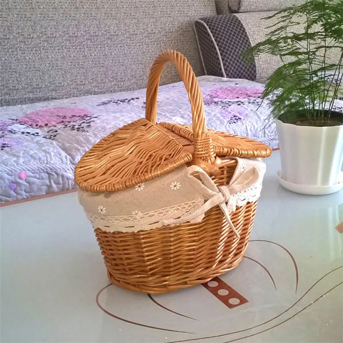 Cesta de Picnic de Mimbre con Tapa y Asa, Cuerpo Tejido Resistente con Forro Lavable, Cesta Tejida a Mano para Picnic, Pascua, Día de la Madre, Camping Al Aire Libre