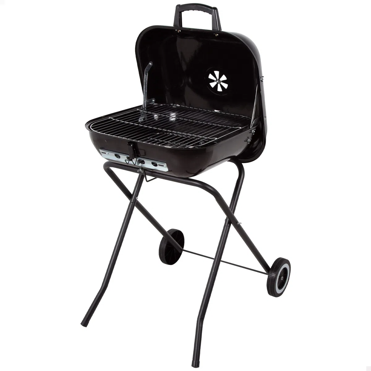 AKTIVE Barbacoa portátil con ruedas, Color negro, Mide 49x74x79 cm, Acero resistente, Patas plegables, Tapa con ventilación, Mini parrilla carbón extraíble (63178)