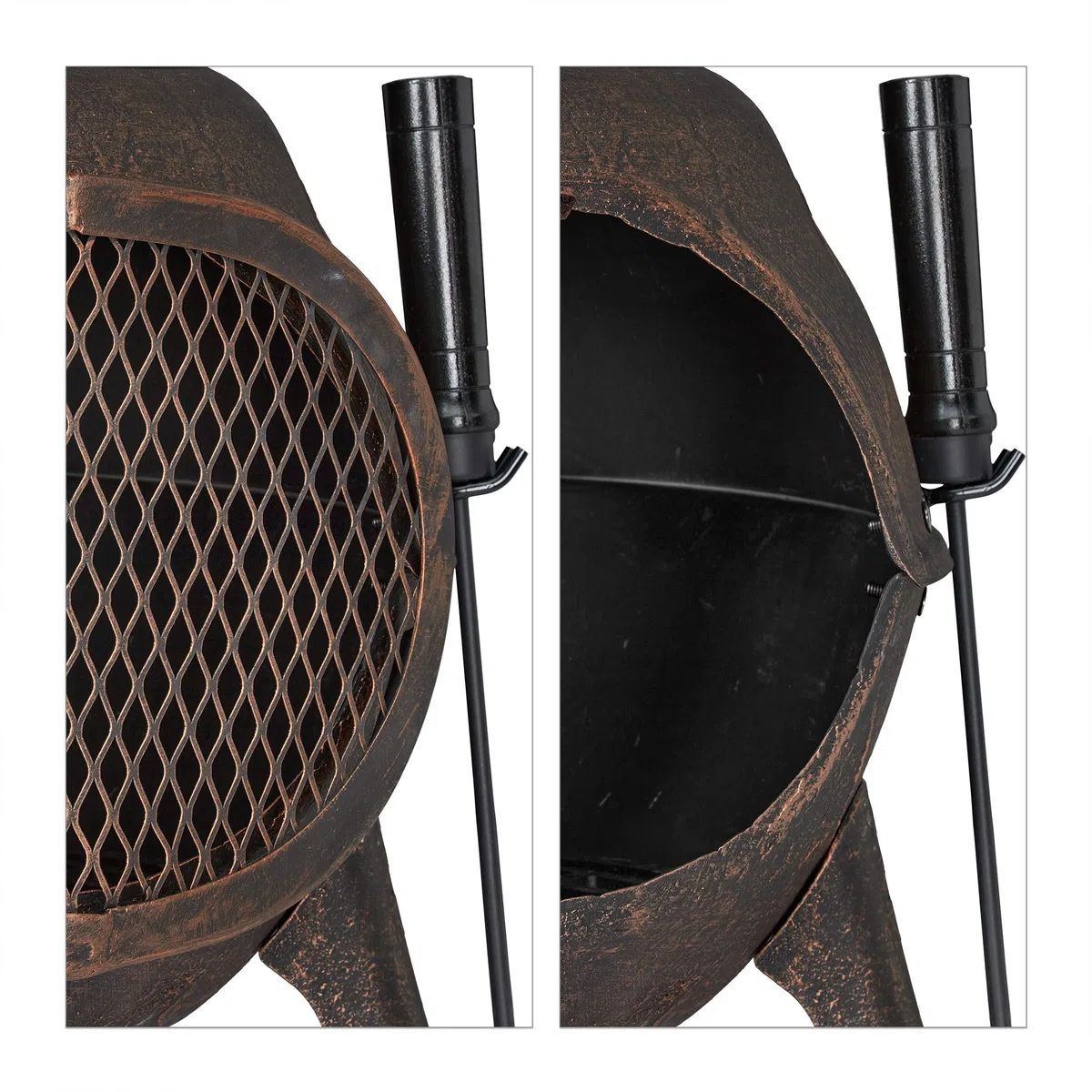 Relaxdays Chimenea Exterior, Estufa Jardín con Atizador, 71,5x39x35 cm, Brasero Terraza Hierro Fundido, Negro y Bronce