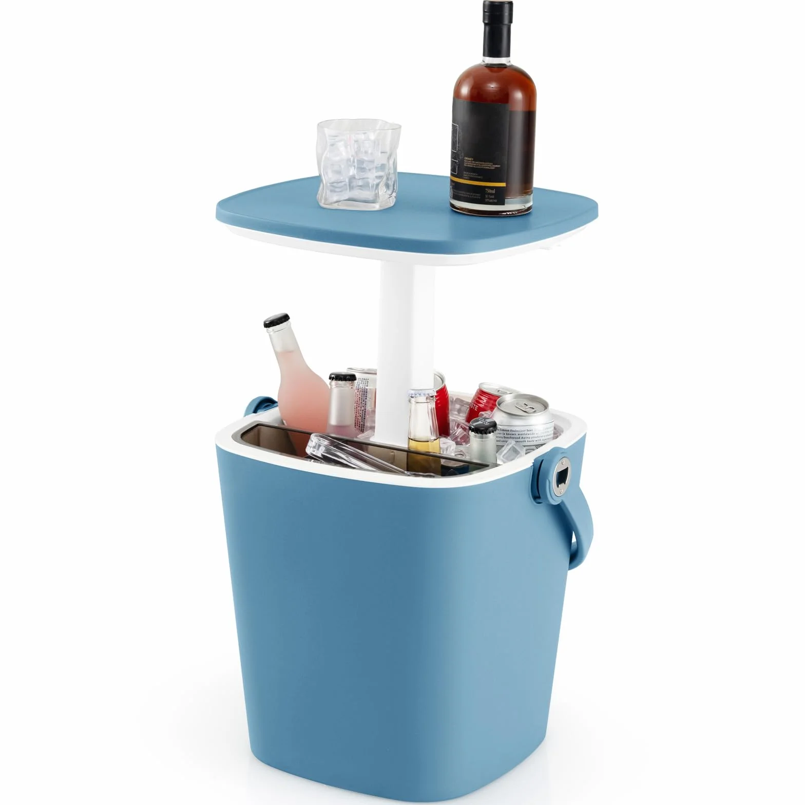 GOPLUS Mesa Nevera Jardín 15 L, Mesa de Cóctel Portátil con Abridor de Botellas y Tapa Elevable, Cool Bar para Picnic Fiesta Camping Patio Terraza Jardin (Azul)