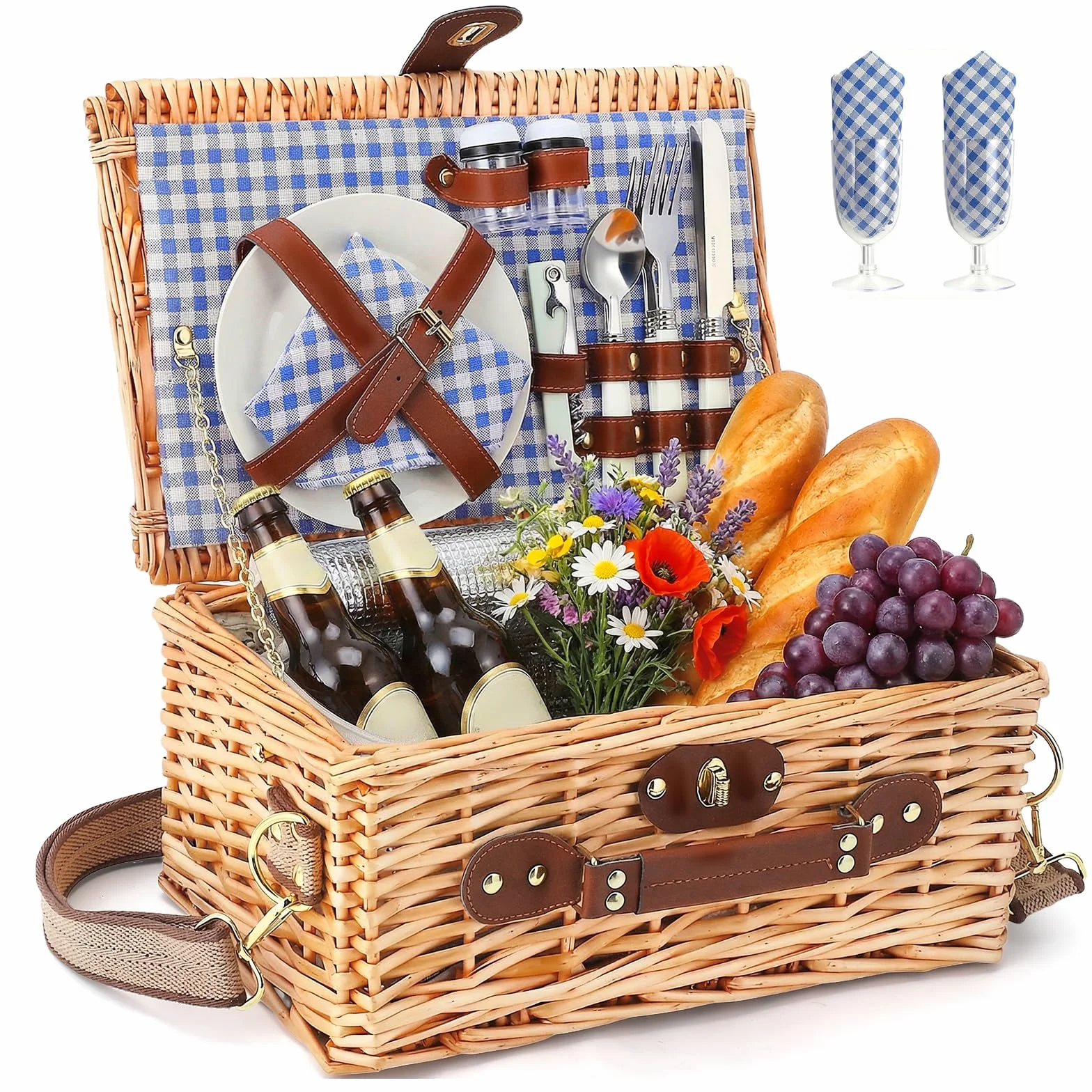 Cesta de Picnic de Mimbre Hecha a Mano para 2 Personas – Set de Picnic Completo con Compartimento Isotérmico Aislado, Vajilla, Cubiertos, Copas de Vino, Sacacorchos – Ideal para Playa Campo & Regalo