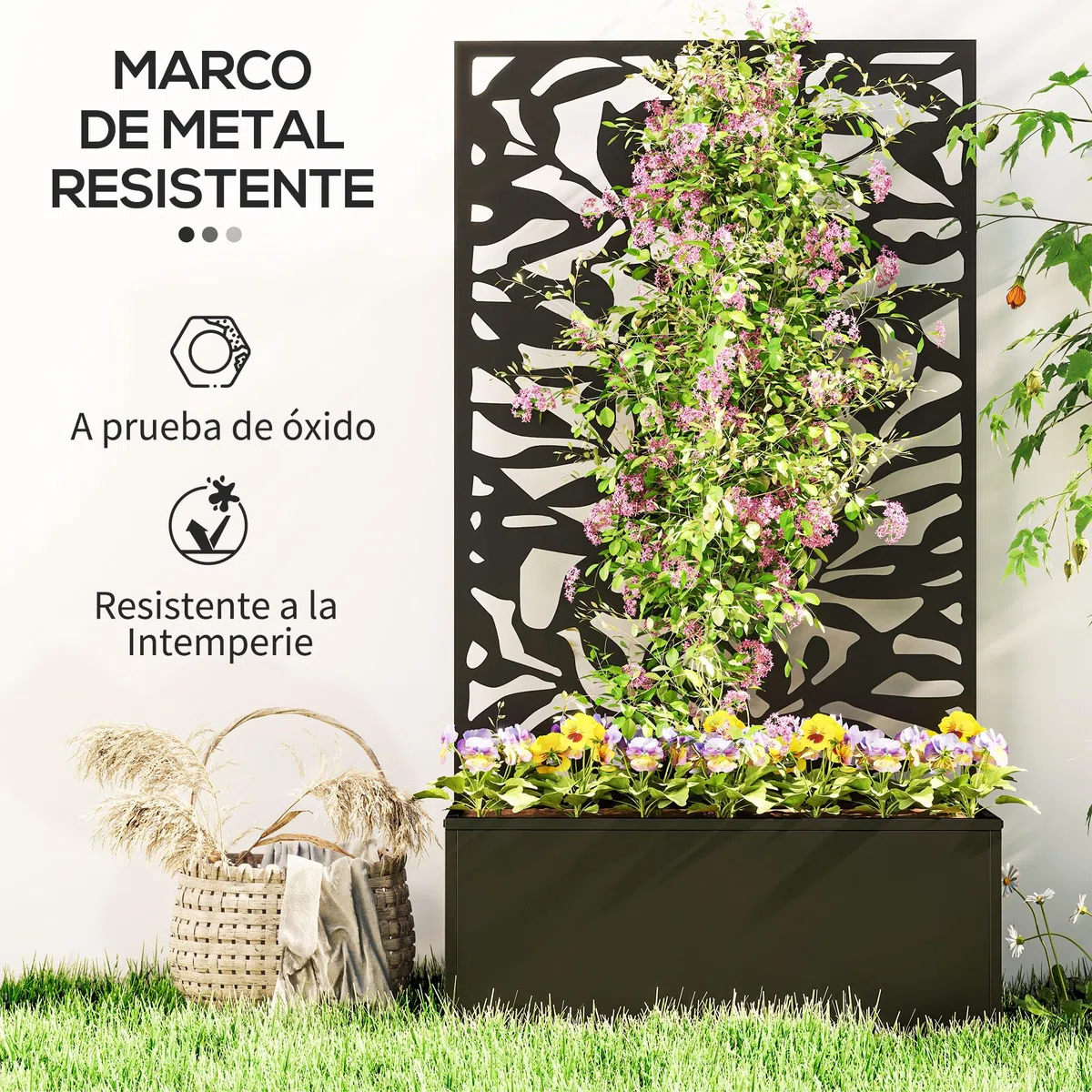 Outsunny Jardinera Exterior Grande de Metal Jardinera con Pantalla de Privacidad de Hojas Sólidas Decorativas Jardinera de Pared o Independiente para Patio Terraza 61x23x113 cm Negro