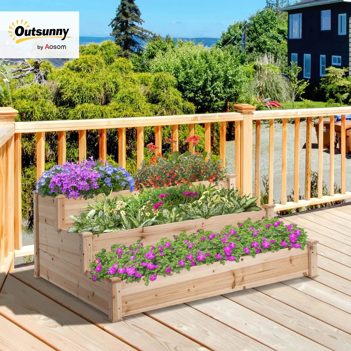Outsunny Jardinera Exterior Grande de Madera Arriate de Jardín de 3 Niveles con Diseño de Escalera Huerto Urbano para Cultivos Plantas Flores para Patio Terraza Balcón 120x120x56 cm Natural