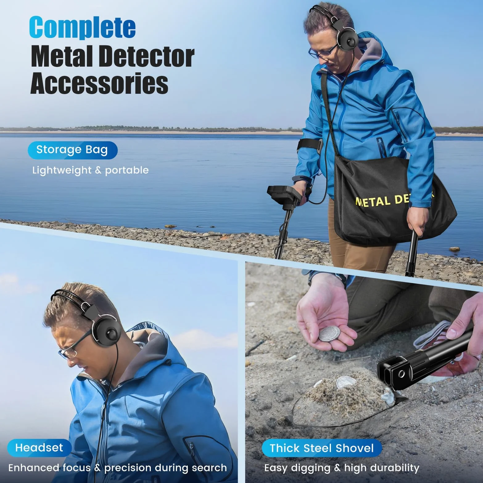 Detector de Metales Profesional con 2 Baterías, 5 Modos para Adultos y Niños, Recargable con Bobina Impermeable, Auriculares y Pala Excavadora (Azul Ceniza)