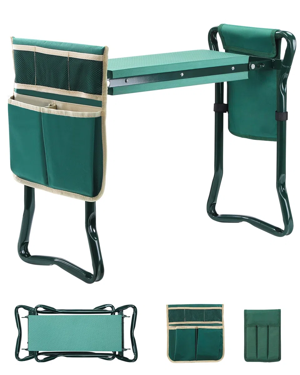 Ohuhu - Taburete de jardín resistente con almohadilla de espuma EVA, banco de jardinería plegable con 2 bolsas para herramientas, suministros de jardinería portátiles 2 en 1, regalo ideal para mujeres