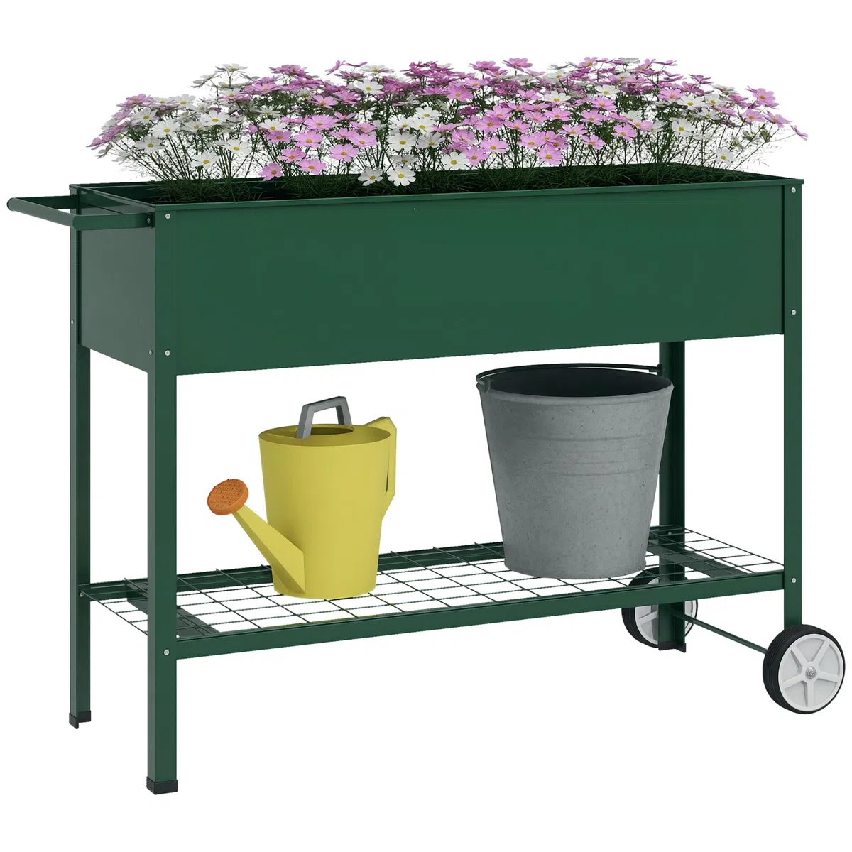 Outsunny Mesa de Cultivo 109x44x80 cm Huerto Urbano Elevado con 2 Ruedas Estante y Asa para Cultivo Plantas Flores Verduras Verde