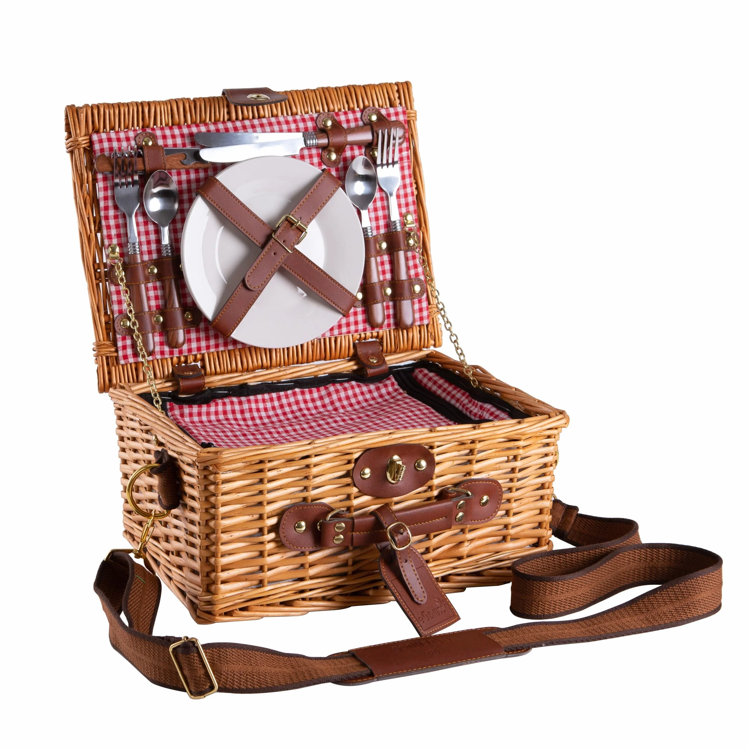 Cesta de Mimbre para Picnic 2 Personas | con Correa de Hombro Desmontable, Cubiertos de Acero Inoxidable, refrigerador, Copas de Vino y Platos en Porcelana | Rojo