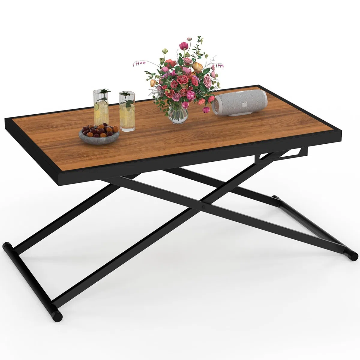 IDMarket – Mesa de jardín con altura ajustable 3 posiciones Olie 100 cm de metal negro y tablero de madera