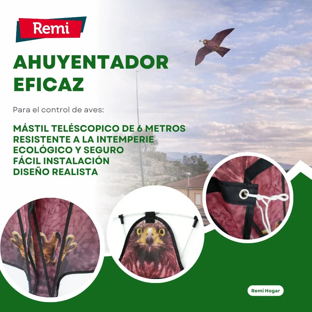 Remi Hogar Cometa Espantapájaros Halcón 6 m con Mástil Telescópico Ahuyentador de Aves y Palomas para Huertos, Jardines y Cultivos | Repelente Visual Ecológico Exterior