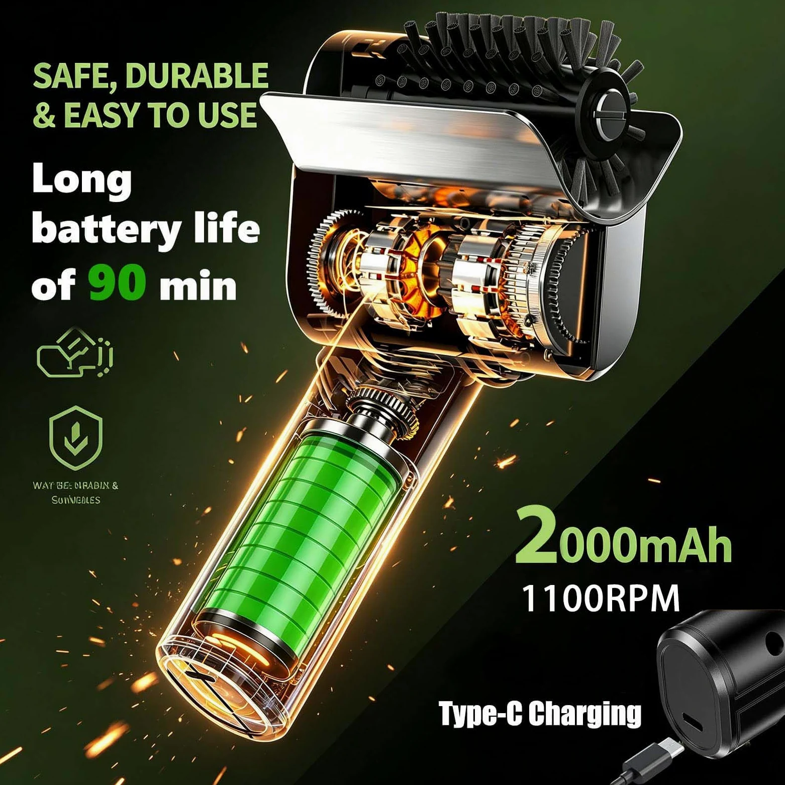 Cepillo eléctrico inalámbrico para Parrilla, Limpiador de Barbacoa de 1100 RPM con batería de 90 Minutos, cerdas de Acero Inoxidable Resistentes, Mango ergonómico para Parrilla ahumadora
