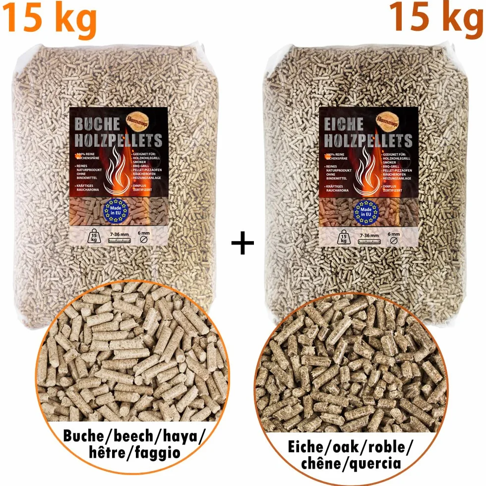 Pellets de roble de 15 kg + 15 kg de pellets de haya, barbacoa, horno para pizza, barbacoa, barbacoa, exterior, horno, barbacoa, pellets de madera, jardín, ahumado, pizza, ahumado, accesorios de humo