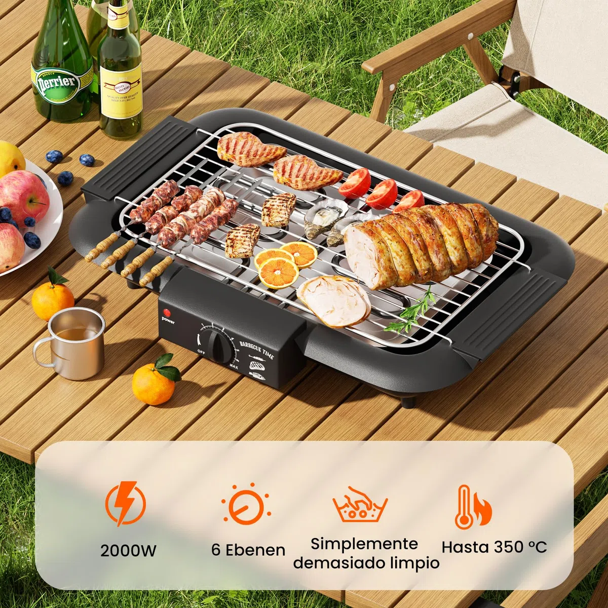 Parrilla eléctrica para barbacoa, antiadherente y sin humo, para interiores y exteriores, 2000 W, doble tubo, alta potencia, portátil, con soporte extraíble para barbacoas (negro)