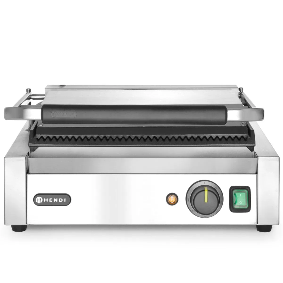 HENDI Parrilla Eléctrica de Contacto, Grill/Plancha Panini y Sandwichera Profesional, Placas Acanaladas de Hierro Fundido Esmaltado, 230V, 2200W, 430x375x(H)216mm, Acero Inoxidable