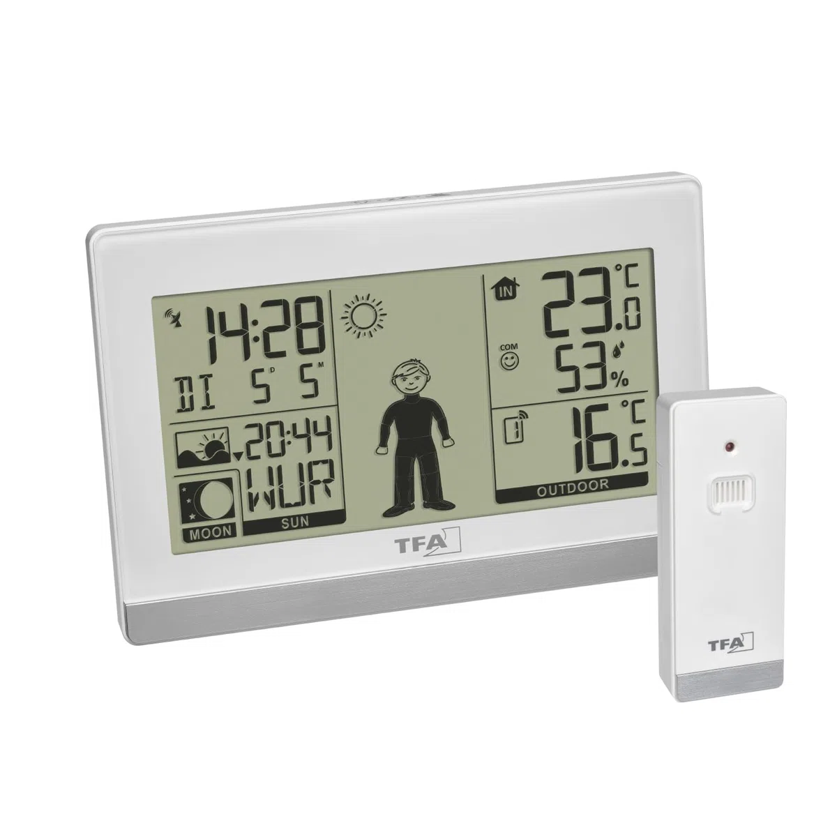 TFA Dostmann Weather Boy 35.1159.02 Estación meteorológica digital con sensor exterior, temperatura interior y exterior, fase lunar, color blanco