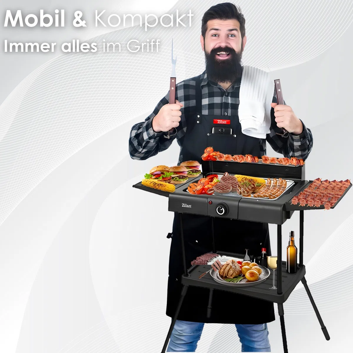 Parrilla eléctrica 2 en 1 de pie y mesa eléctrica 2400 vatios - Parrilla eléctrica para balcón, exterior e interior con soporte, gran superficie de parrilla, regulador de temperatura continuo