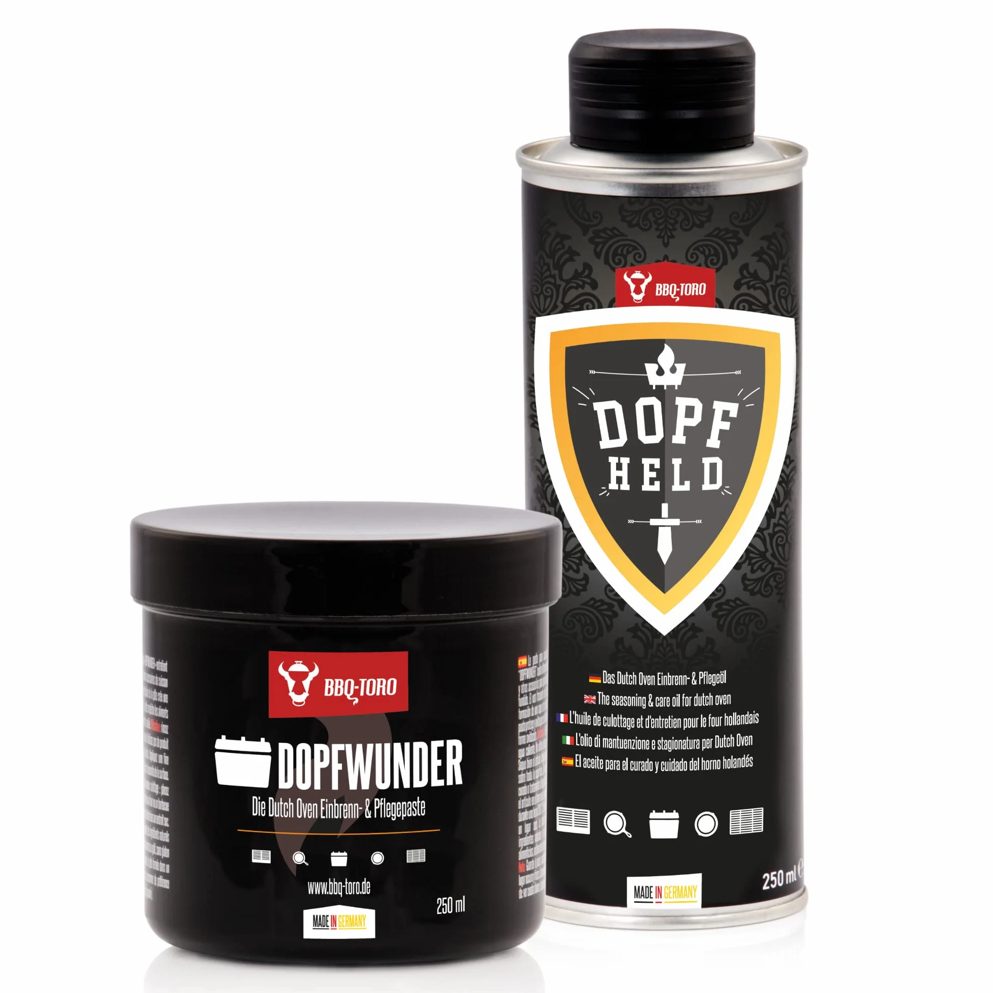 BBQ-Toro Juego de Limpieza y Cuidado para Horno Holandés con Pasta "DOPFWUNDER" y Aceite "DOPFHELD" | 250 ml c/u | Protección y Mantenimiento del Dutch Oven, Sartenes, Ollas, Parrillas
