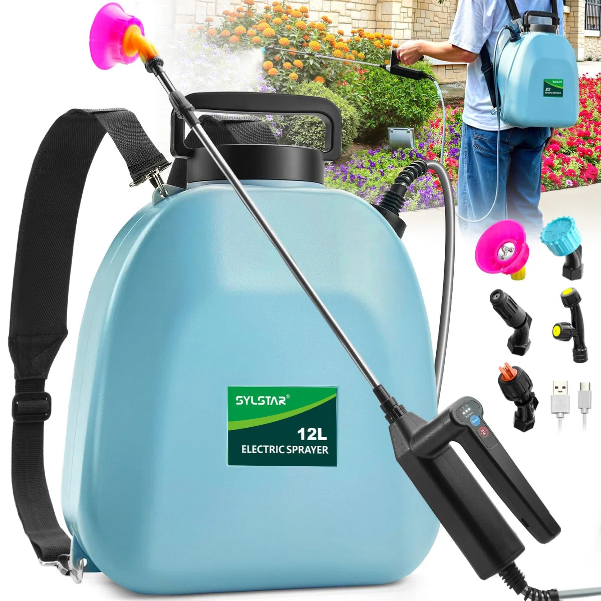 SYLSTAR Pulverizador Electrico 12L, 3 Velocidades Sulfatadora Bateria Recargable con 5 Boquillas Niebla, 7.4V Pulverizador Bateria, Mochila Pulverizadora para Jardín Huerto Riego
