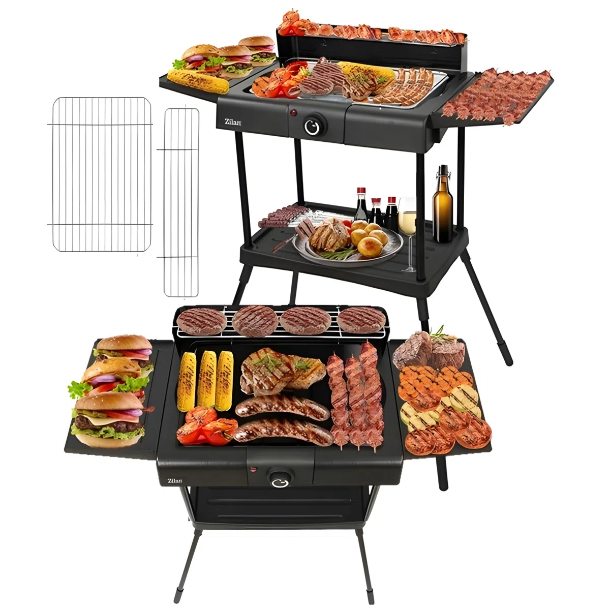 Parrilla eléctrica 2 en 1 de pie y mesa eléctrica 2400 vatios - Parrilla eléctrica para balcón, exterior e interior con soporte, gran superficie de parrilla, regulador de temperatura continuo