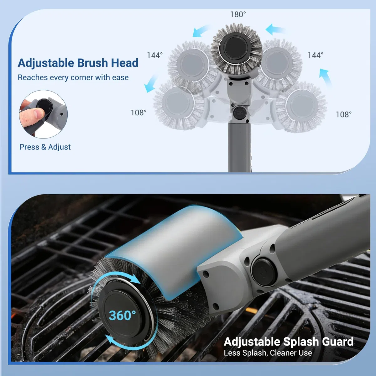 Cepillo Eléctrico Mejorado para Parrilla, Cepillo Barbacoa Inoxidable, Motor de 3 velocidades, 120 min de duración, IPX6 Resistente al Agua, Cepillo Barbacoa para Todo Tipo De Parrilla