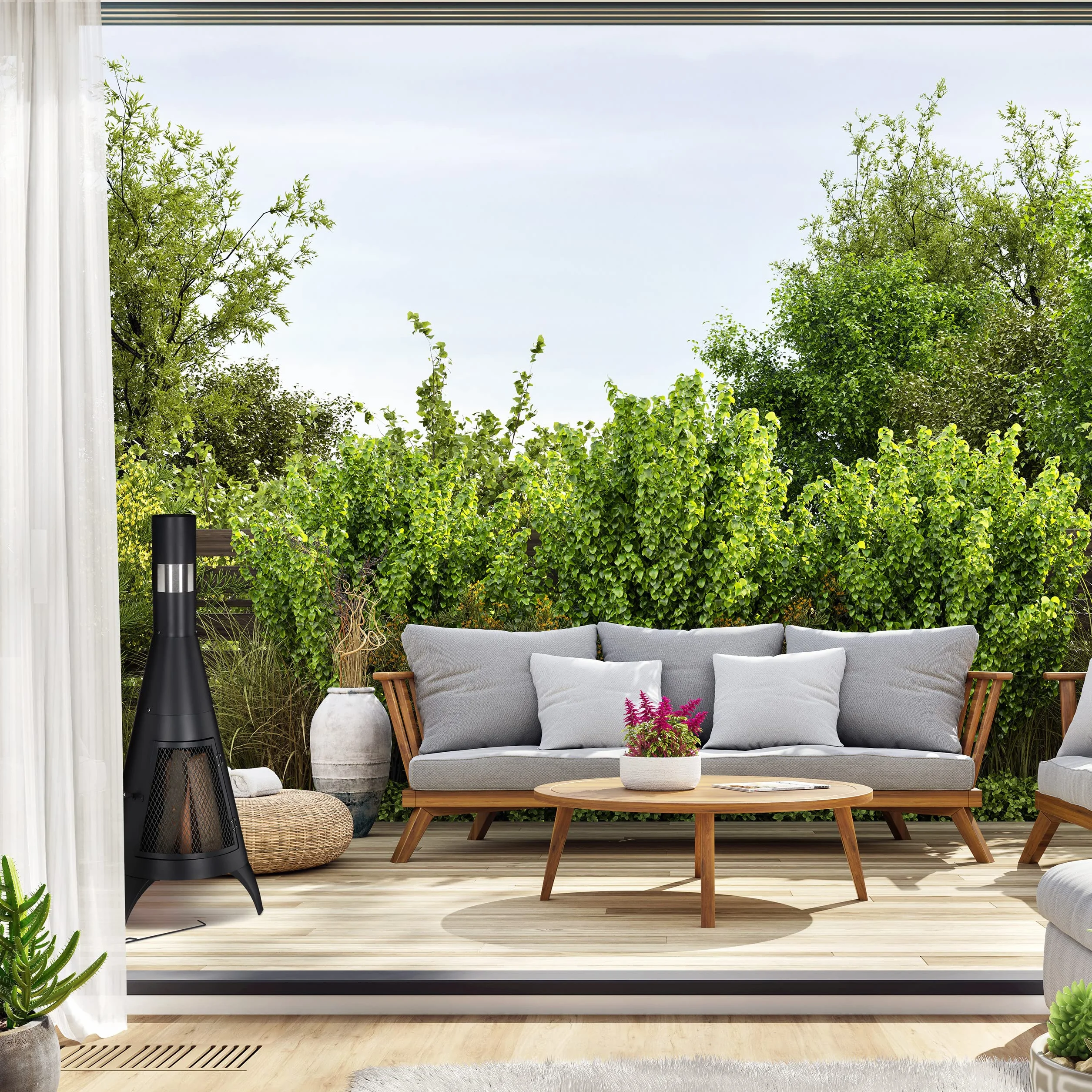 Relaxdays Chimenea Exterior con Atizador, Estufa para Terraza de Acero, Salvachispas, para Jardín, 120x48x50 cm, Negro