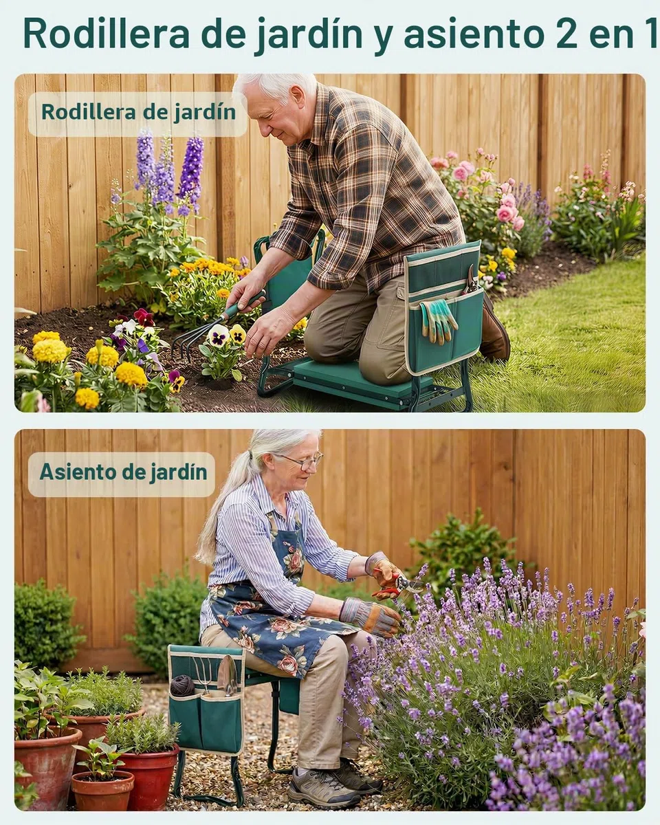 Ohuhu - Taburete de jardín resistente con almohadilla de espuma EVA, banco de jardinería plegable con 2 bolsas para herramientas, suministros de jardinería portátiles 2 en 1, regalo ideal para mujeres