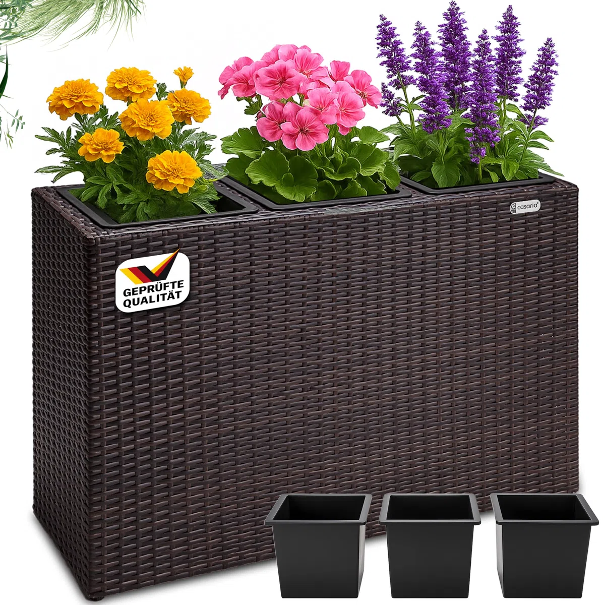 Casaria® Macetero Exterior con 3 Macetas Internas Extraíbles Jardinera Poliratán con Drenaje de Agua 83x30,5x60cm Marrón