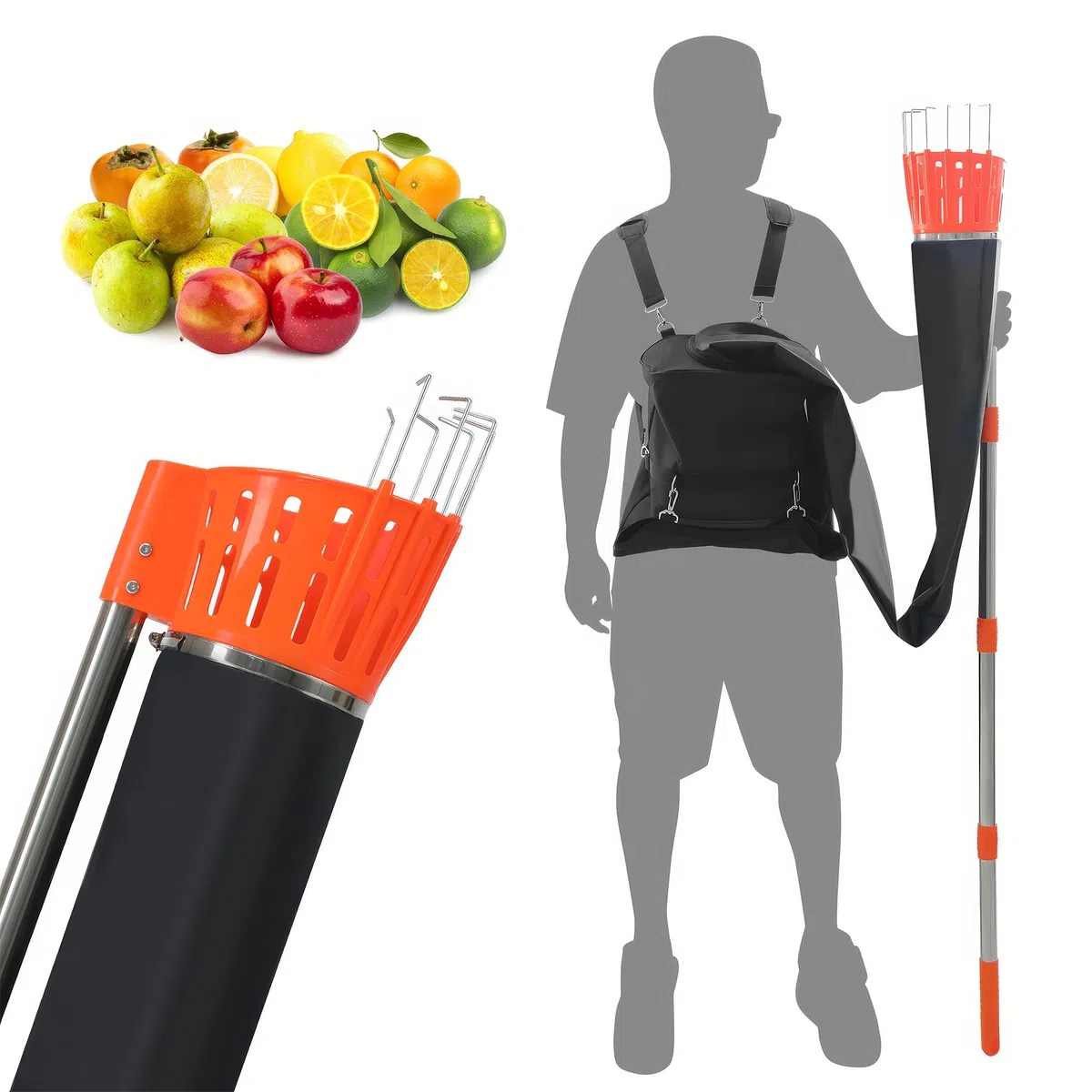 BOUDECH Pamatik – Recolector de frutas con embudo con mango telescópico de 4 m con soporte y bolsa de tela para recoger manzanas, naranjas, peras naranja y negro