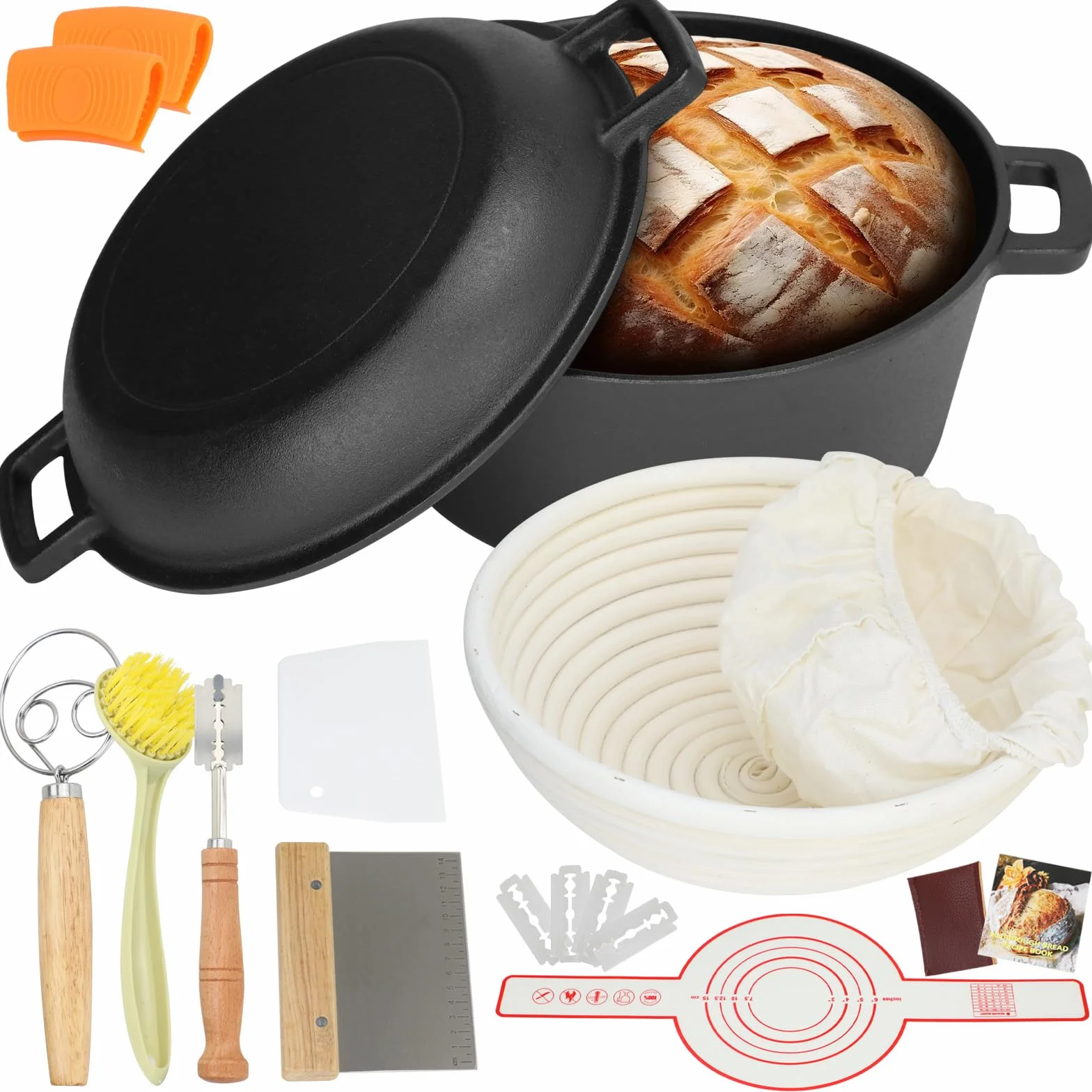 Olla de horno holandés de hierro fundido de 5QT (Kit de inicio para masa madre con cesta de fermentación, cuchilla y tapa - Ideal para hornear pan) (Cocina familiar, freír, guisar y barbacoa)